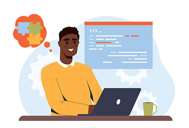 ilustrações de stock, clip art, desenhos animados e ícones de smiling developer working on laptop. vector illustration - programador