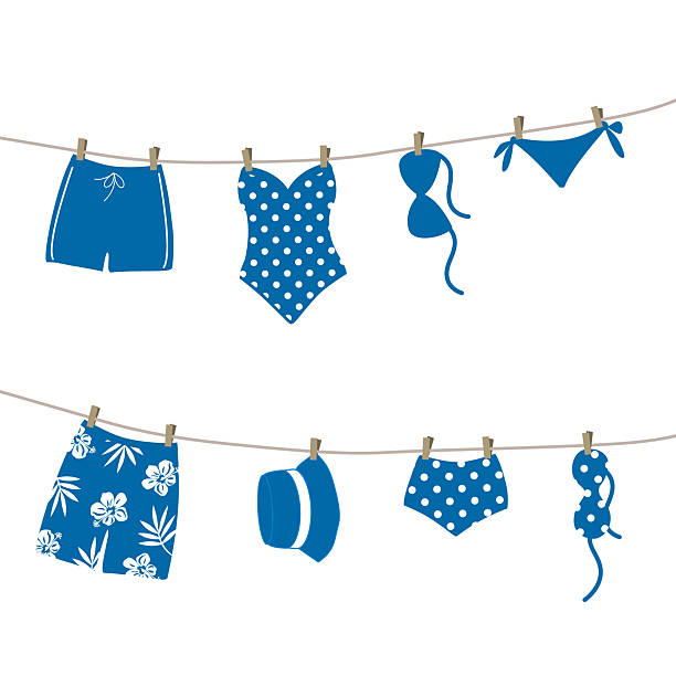 Blue Swimsuits and Swimming Trunks Hanging on Clotheslines. Beautiful Swim Wear Dry on Clothespins After Swimming Blue Swimsuits and Swimming Trunks Hanging on Clotheslines. Beautiful Swim Wear Dry on Clothespins After Swimming. Summer Vector illustration in Blue, White Colors polka dot bathing suit stock illustrations