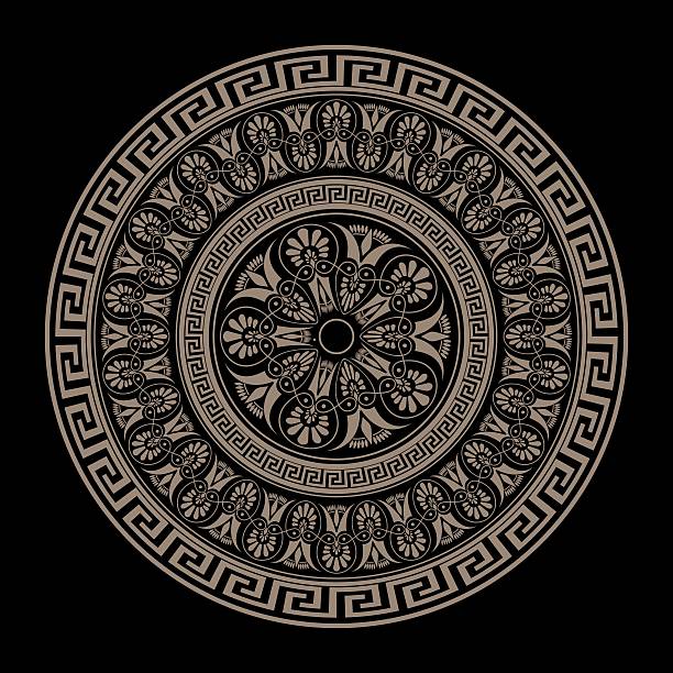 istock Greek golden round ornament plate. Greek meander key plate. Patterns of Greece, ancient Rome. Circle european border. Typical egyptian, assyrian, greek motive for engraving, embroidery, porcelain 2212757405