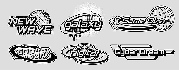 Retro futuristic logo set inspired by y2k aesthetics. Bold black typography with cyber, glitch, and space themes. Includes text like new wave, galaxy, and cyber dream on a gray background.