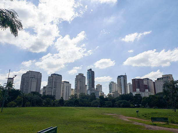 Photo taken in a green area with modern buildings on background