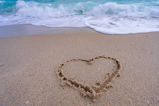 istock Heart drawn in sand. Waves forming a heart shape sign. Love on beach. Romantic summer. Heart made of sand. Love and ocean waves. 2212765310