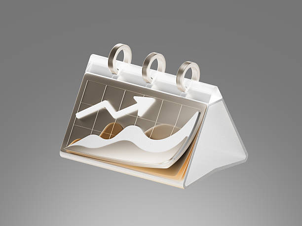 3D icon of a calendar with a rising analytics chart, symbolizing business growth, progress tracking, and performance over time. Isolated on blue background.