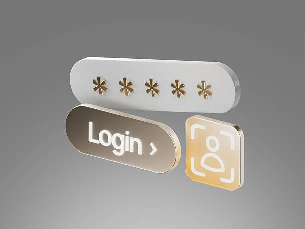 3D render of a login interface including password field, login button, and facial recognition icon, symbolizing user authentication and account access.