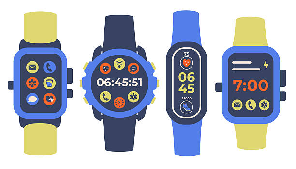 istock Set of various digital watchs icons. Smart watch isolated. Modern Hand watch with black strap. Circle Smart watch top view. Digital watch with App icons. Vector illustration 2212768220
