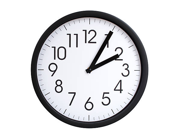 Simple round wall clock with black frame and white face, showing the time exactly at 02:05 or 14:05. Representing time precision in concepts of deadlines.