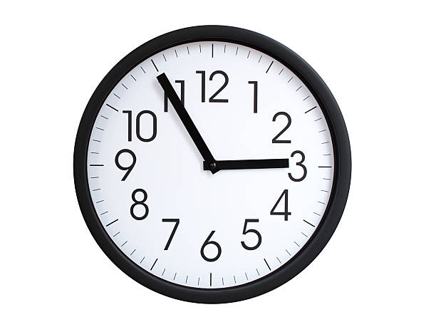 Simple round wall clock with black frame and white face, showing the time exactly at 02:55 or 14:55. Representing time precision in concepts of deadlines.