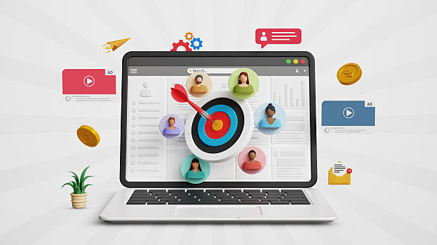 istock Know your customer, KYC concept. Target audience, refine marketing strategy, customer service, satisfaction, digital marketing ads, online campaign. 3D bullseye with targeted customers on a laptop 2212769562