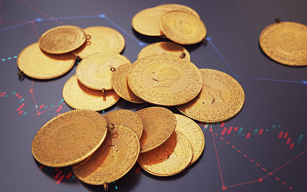 istock Turkish Jewelry Gold Coin Stack on Finance Chart Background 2212770636