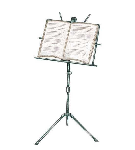 istock Music black metal stand with open music notebook watercolor illustration isolated on white background. Musical sheets on adjustable tripod holder for concert posters, classical event branding 2212773216