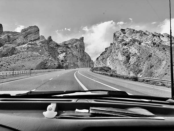 View through vehicle window to sandstone canyon, Bryce Canyon National Park, Utah