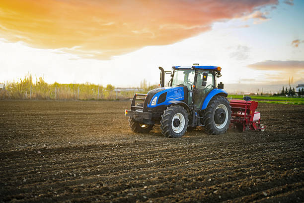 Farmer sowing seeds with tractor and seed drill at sunset in rural field