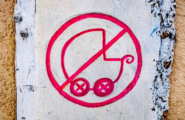 A sign displaying a symbol that prohibits strollers, marked by a red circle and a diagonal line, is affixed to a wall in a busy urban area.