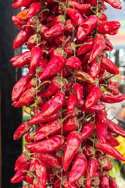 istock Fresh red chili peppers strung up to dry. 2212795909