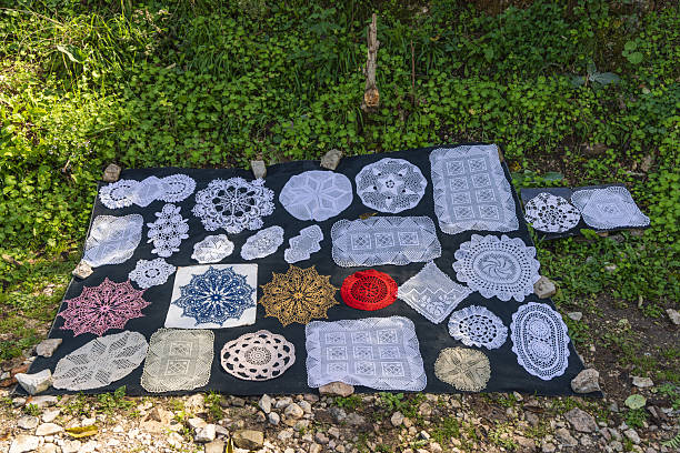Gjirokaster, Albania. Hand made lace for sale in Gjirokaster.