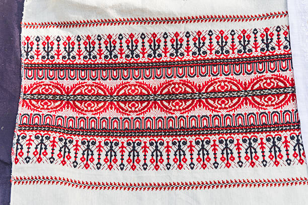 istock Traditional red, black, and white embroidered cloth in Gjirokaster. 2212798006