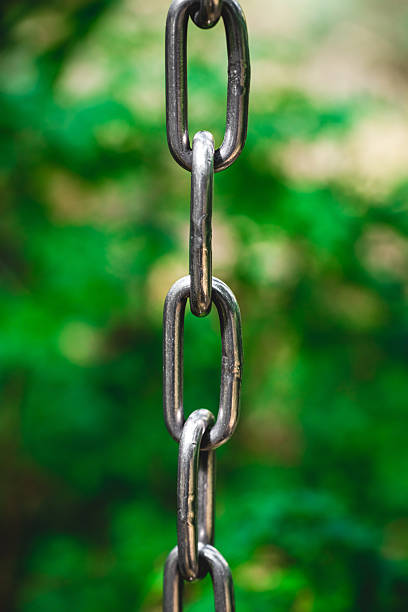 Close-up of a metal chain hanging against a blurred green foliage background, symbolizing strength, connection, and resilience