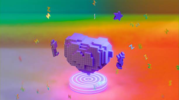Side view of voxel heart on illuminated circular pedestal. Background is gradient red and green. Surrounded by colorful elements. Bright lighting and retro 3d pop style. No people.