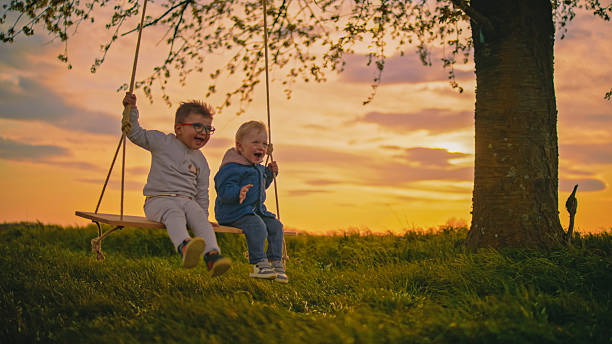 Two Young Children Enjoy Swinging on a Cherry Tree Swing Together,Silhouetted Against a Beautiful Sunset Sky,Creating a Heartwarming Scene of Childhood Joy and Carefree Fun