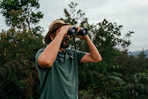 istock Adventurous man walking in forest and watching birds with binoculars 2212808279