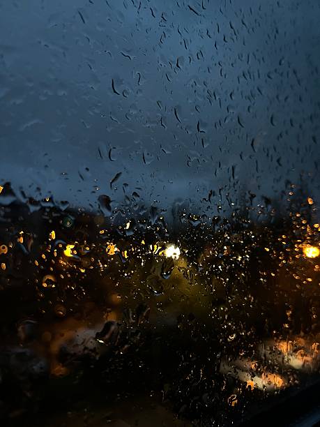 A captivating view of a shadowy tree silhouette seen through a rainy window. The blurred raindrops create a moody atmosphere, evoking reflection and tranquility.