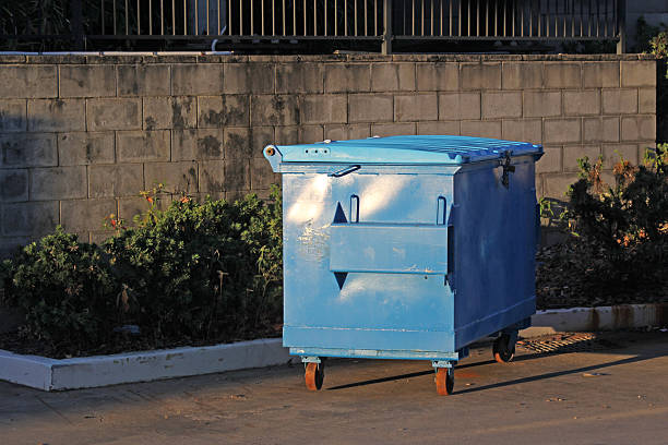 Blue dumpster industrial bin next to a brick wall with a garden