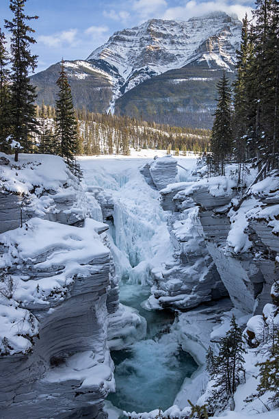 istock Snow-covered waterfall surrounded by towering mountains and evergreen trees in a winter landscape 2212830459