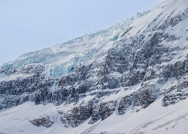 Stunning view of a glacier cascading down cliffside rocks, surrounded by snow-covered terrain under a clear sky. The scene highlights nature's raw beauty in a remote location.