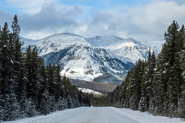 istock Snow covered road winding through a forest with majestic mountains in the background during winter 2212834170