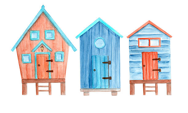 istock Wooden plank cabin on stilts set isolated on white background. High quality simple structure watercolor illustration 2212836523