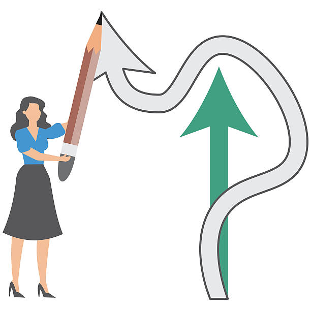 istock Change direction concept , Businesswoman draws an arrow up. Red arrow goes down. Decision to change to better opportunity 2212841248