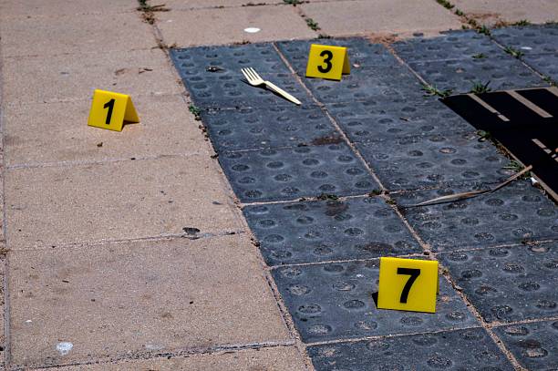 Three yellow crime scene markers on paving slabs. High quality photo