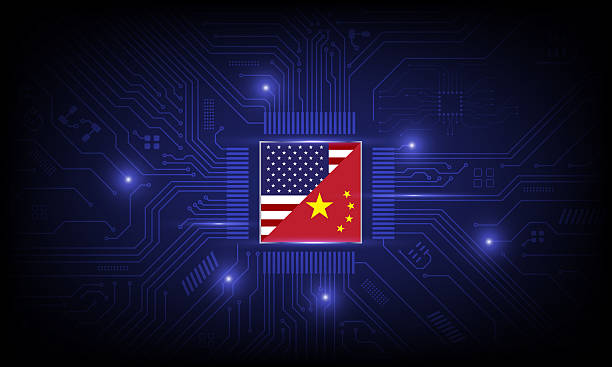 istock Flag USA and China on Computer Chip . Global chip shortage crisis and China-United States trade war concept vector. 2212843473