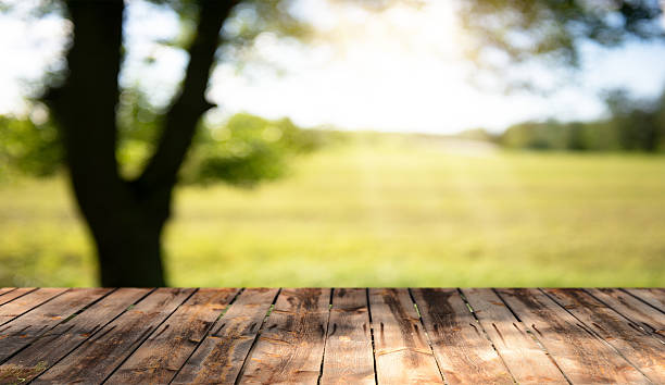 istock Empty wooden table background with fresh morning view 2212843796