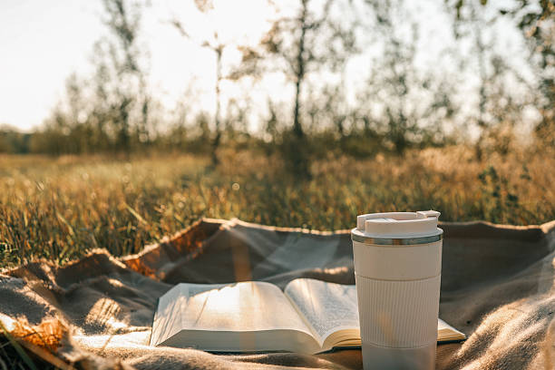 istock Blanket, Bible and thermos with tea, solitude on the field 2212843855