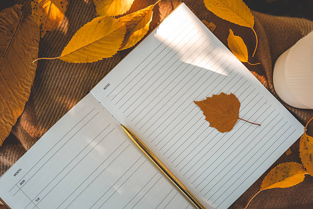 istock Open planner with gold pen and autumn leaf on lined pages, surrounded by colorful fall leaves and warm blanket fabric in natural sunlight 2212844732