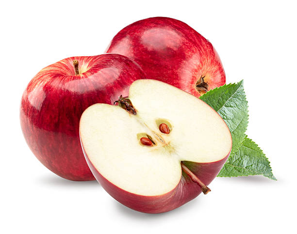 istock red apples with green leaves isolated on white background. clipping path 2212848218