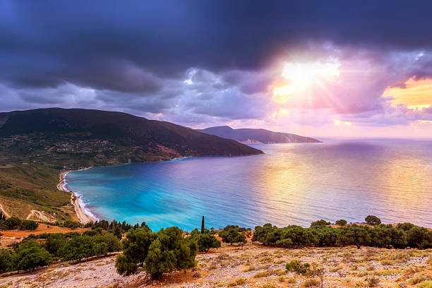 Beautiful summer sunset over the sea coast - Kefalonia island, Greece,