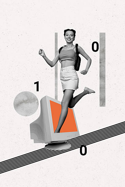 istock Vertical collage image young cheerful woman walk go step run computer screen monitor user remote work hurry surreal concept 2212850459