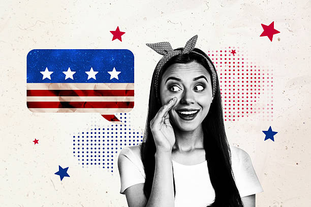 istock Creative retro 3d collage image of tricky cunning lady making 4th july announcement isolated beige color background 2212850485