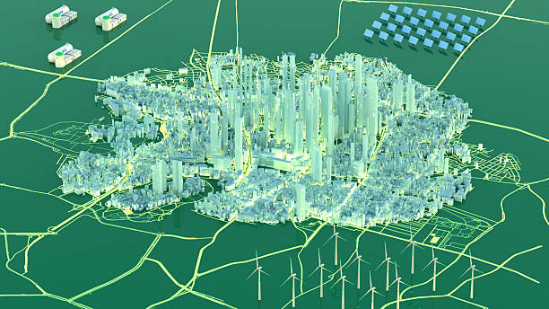 Three-dimensional plan for a city with visualization of sustainable energy sources, 3D render.