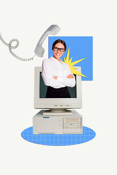 Composite trend artwork sketch image collage of silhouette young woman appear huge project manager appear computer monitor landline phone.
