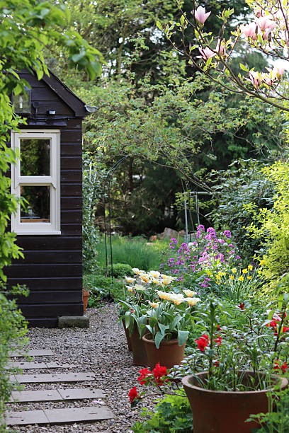 istock Garden path surrounded by pots and flower beds in spring 2212852018