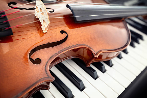 istock Violin on top of piano keys  background 2212854157