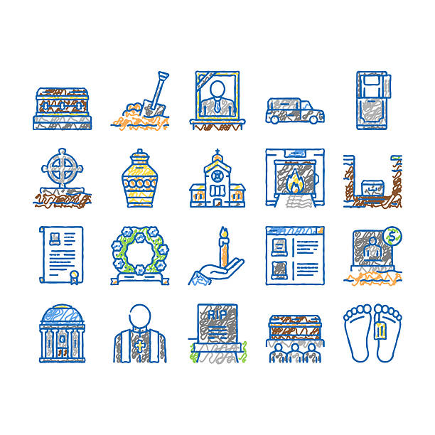 Funeral Burial Service set Icons hand drawn Funeral Burial Service Collection doodle icons set vector. Church Priest, Grave Coffin, Candle Gravestone, Funeral Crematorium Cemetery sketch hand drawn funeral home logo stock illustrations