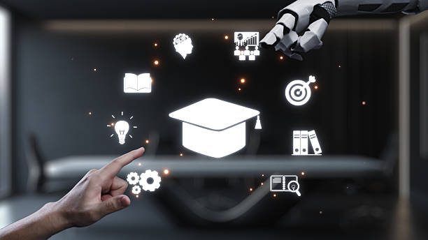 Innovative Learning Concepts Featuring Robotic Arm and Digital Education Icons Representing Future of Knowledge and Technology Integration in Classroom Environments. Auvana