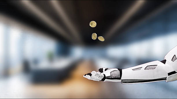istock Robotic Hand Tossing Coins in Modern Office Space, Symbolizing Technology, Finance, and Innovation in Business Environment 2212860461