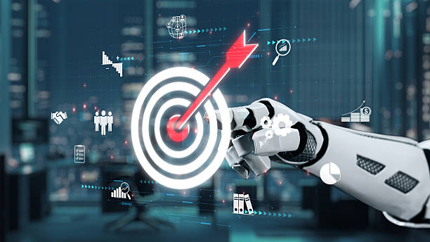 istock Futuristic Robotic Hand Targeting Business Metrics with Digital Icons Representing Analytics and Growth in Modern Office Environment. Auvana 2212860507