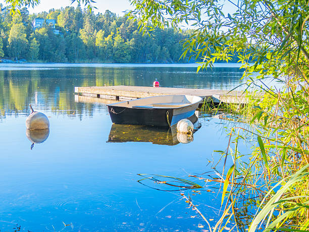 A serene lakeside scene with a small boat tied to a wooden dock, surrounded by lush greenery and calm water reflecting the blue sky.