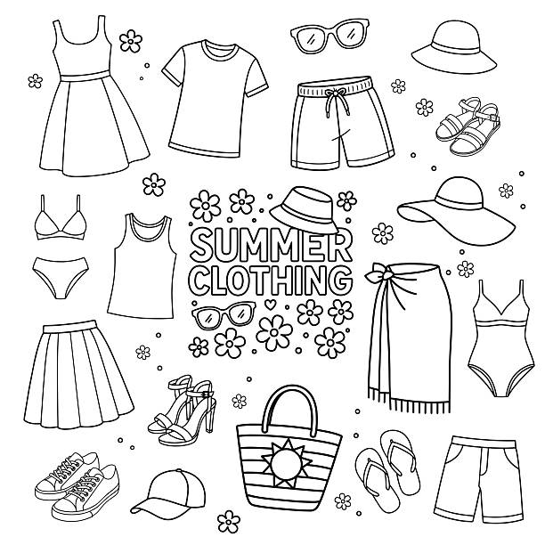 Summer Clothing Icon Set Black and White Vector Illustration of Outfits and Accessories Summer clothing icon set. Black and white vector line art of summer outfits, swimwear, hats, and shoes white shirt black skirt stock illustrations